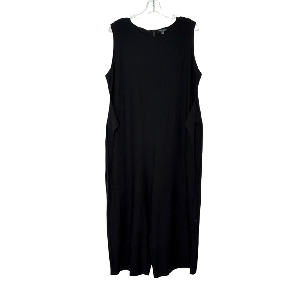 Eileen Fisher Washable Stretch Crepe Jumpsuit Large Front Tie Wide Leg Black - Picture 3 of 9